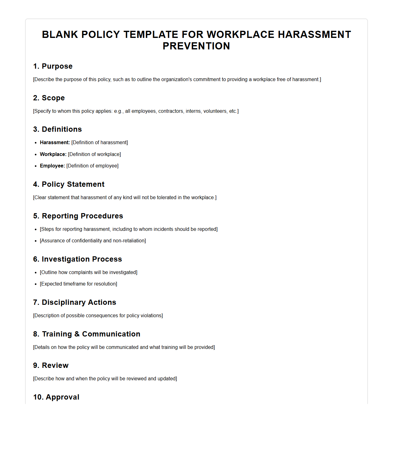 Blank Policy Template for Workplace Harassment Prevention