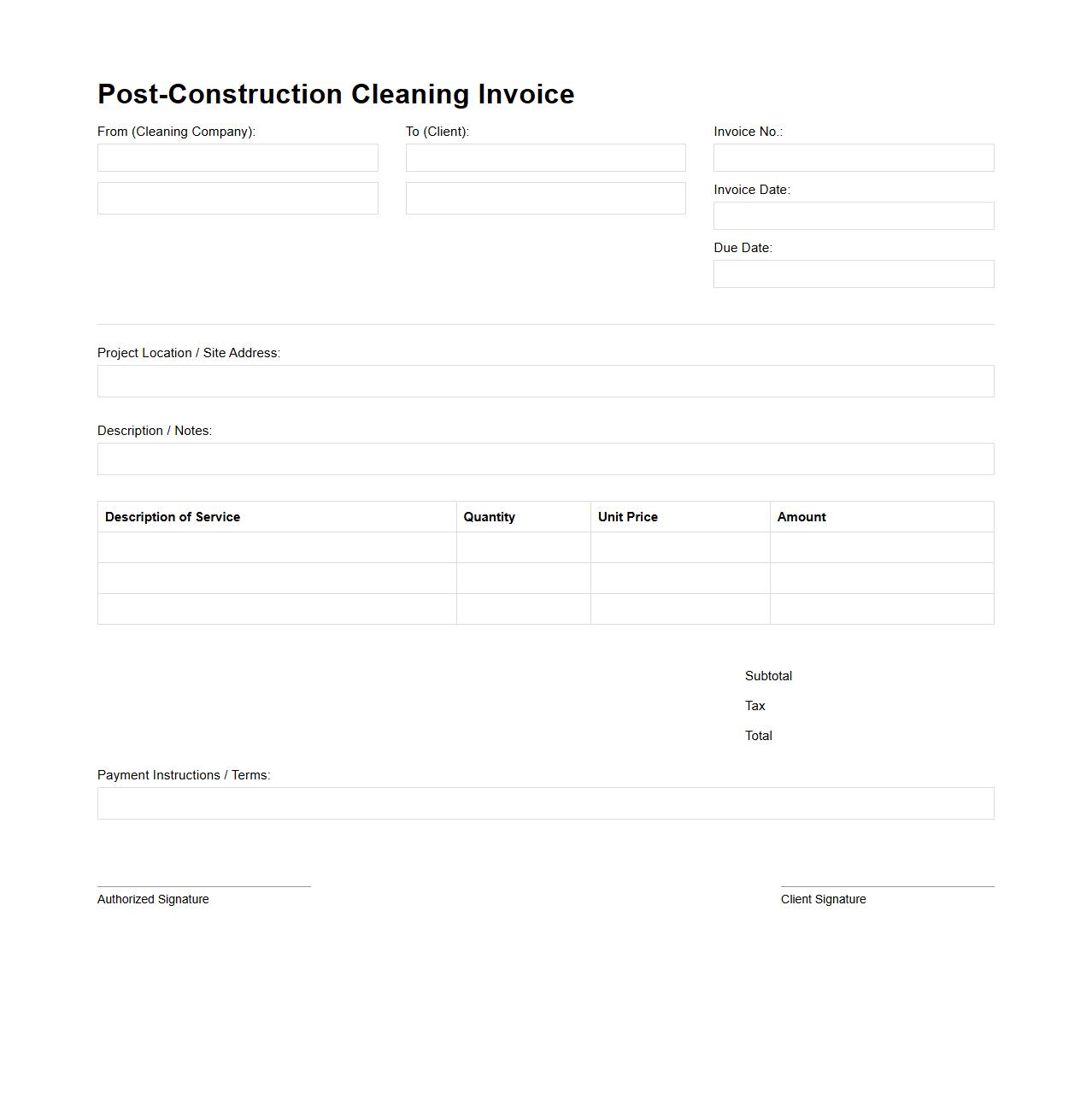 Blank Post-Construction Cleaning Invoice Template