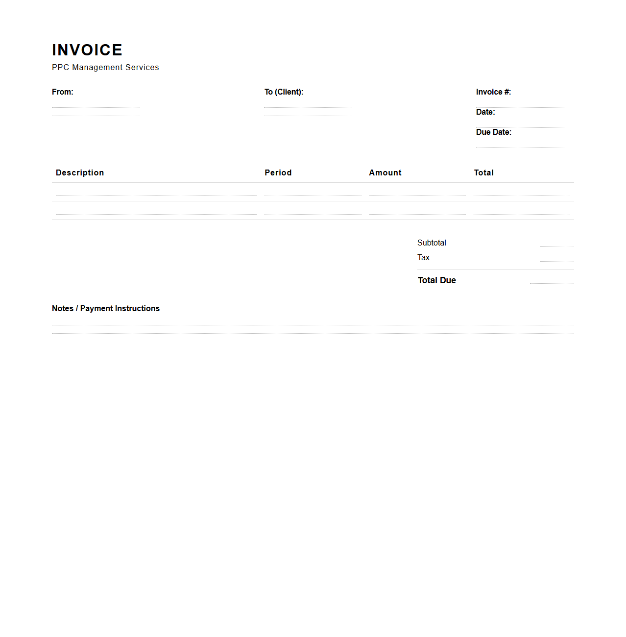 Blank PPC Management Invoice Template