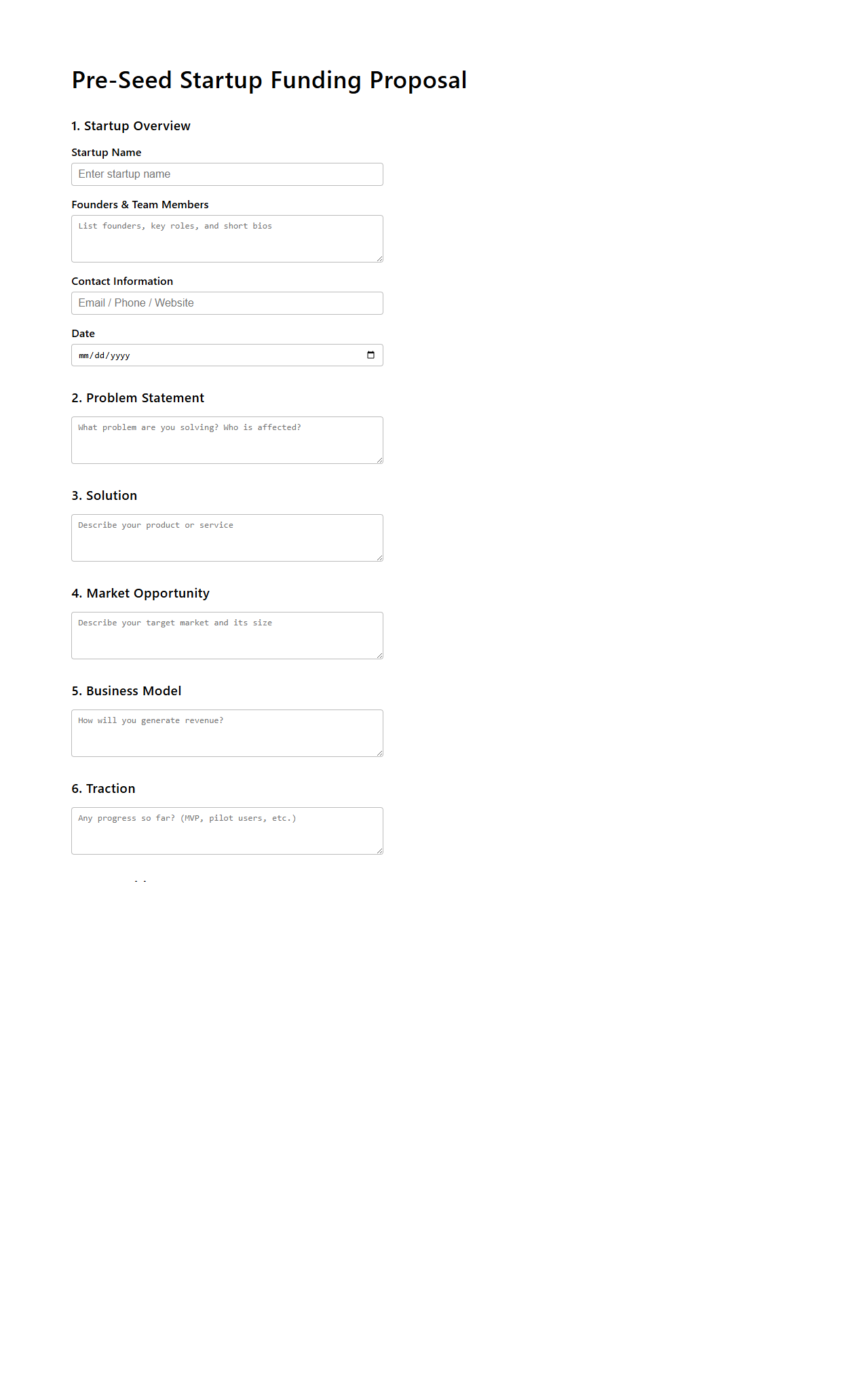 Blank Pre-Seed Startup Funding Proposal Format