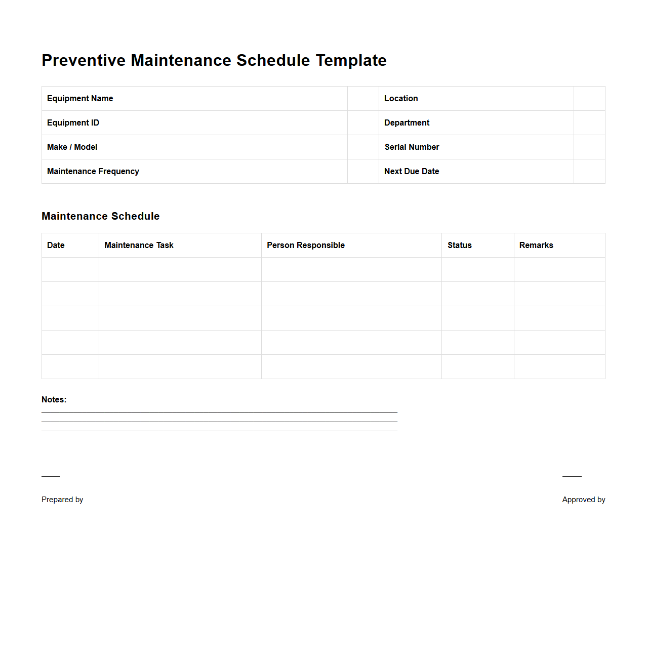 Blank Preventive Maintenance Schedule Template for Equipment