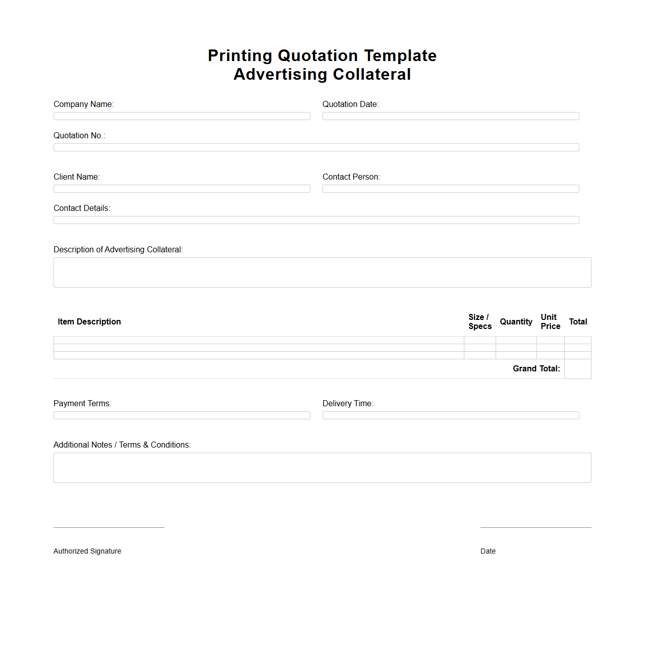 Blank Printing Quotation Template for Advertising Collateral
