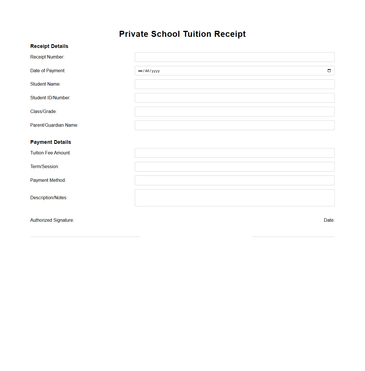 Blank Private School Tuition Receipt Template
