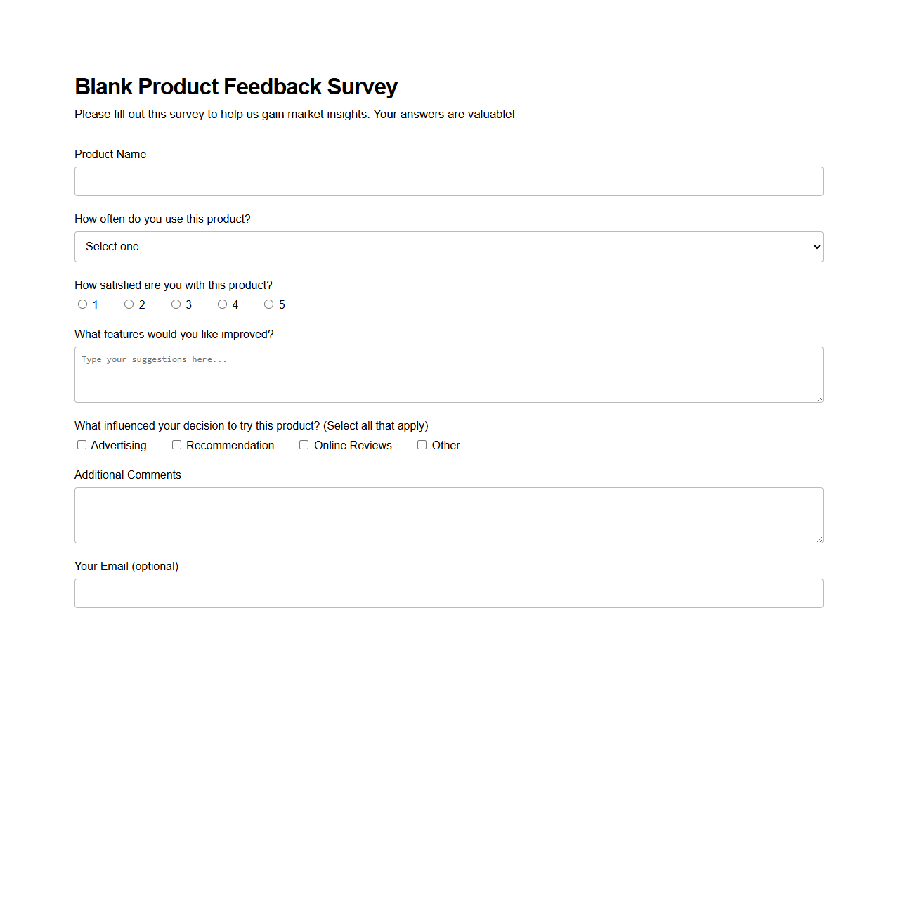 Blank Product Feedback Survey Form for Market Insights