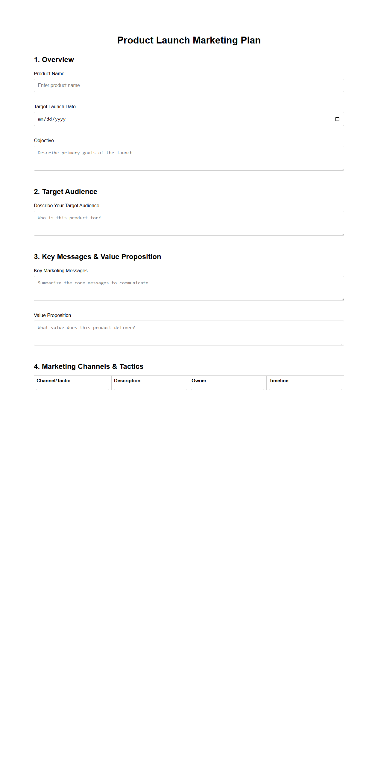 Blank Product Launch Marketing Plan Template for Campaigns