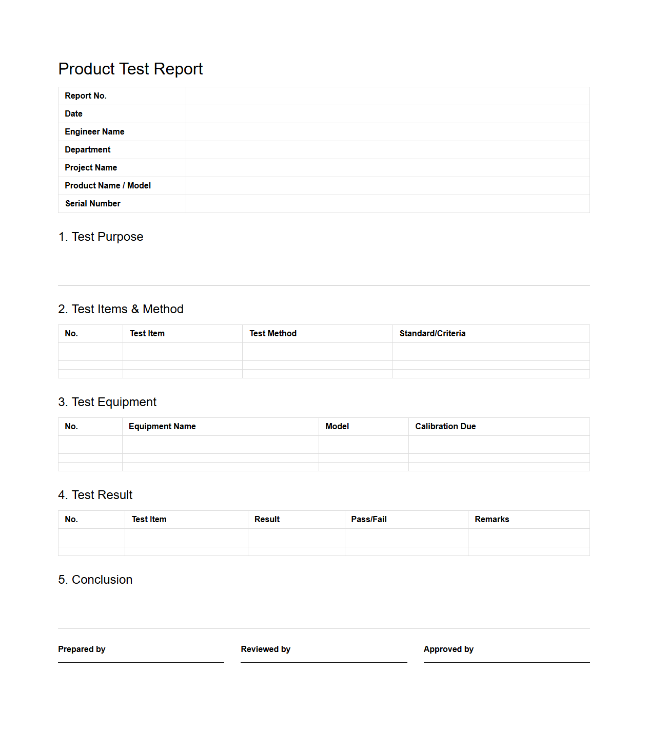 Blank Product Test Report Template for Engineers