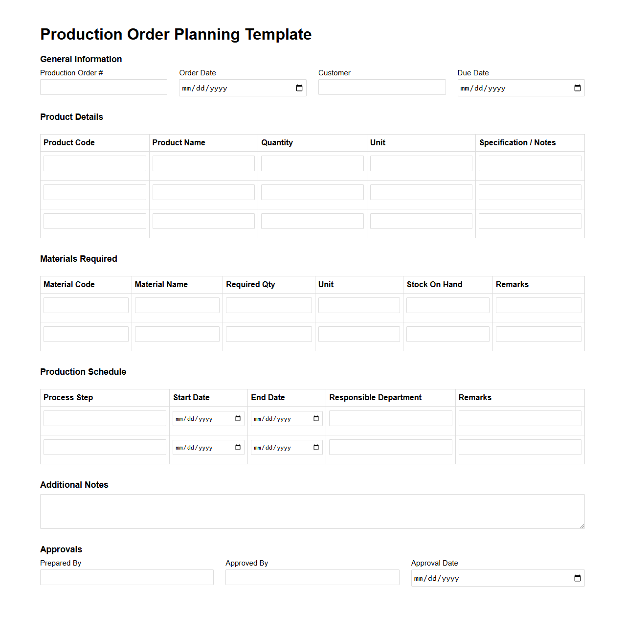Blank Production Order Planning Template for Manufacturers