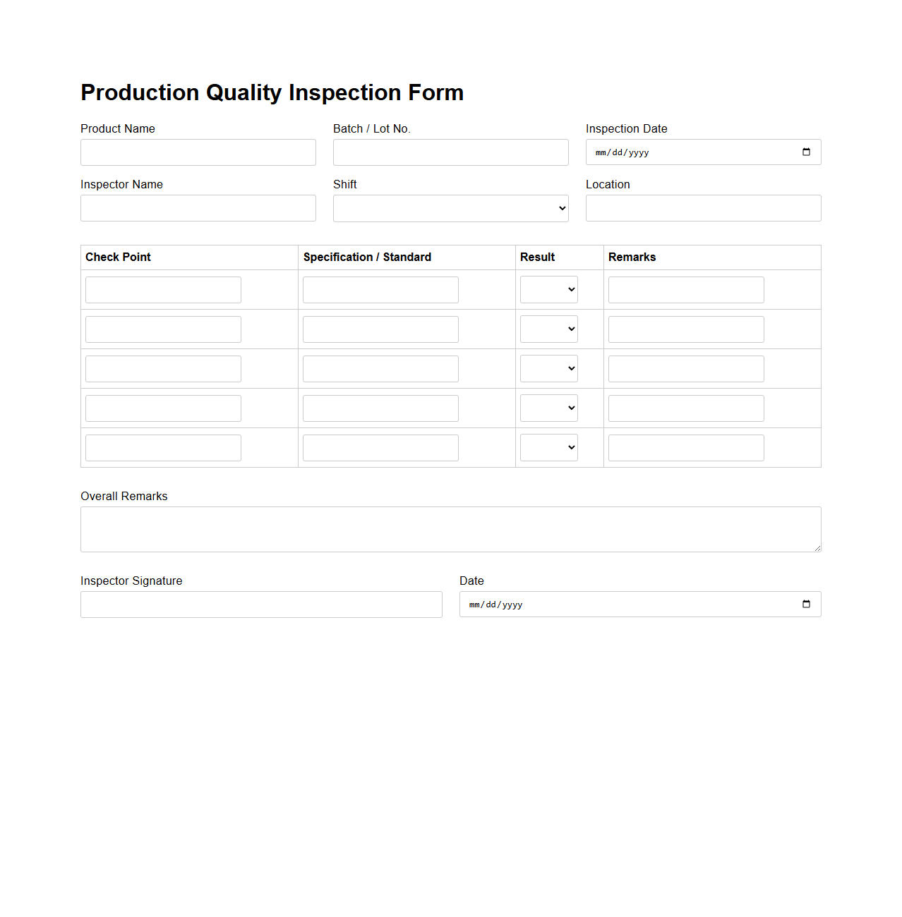 Blank Production Quality Inspection Form