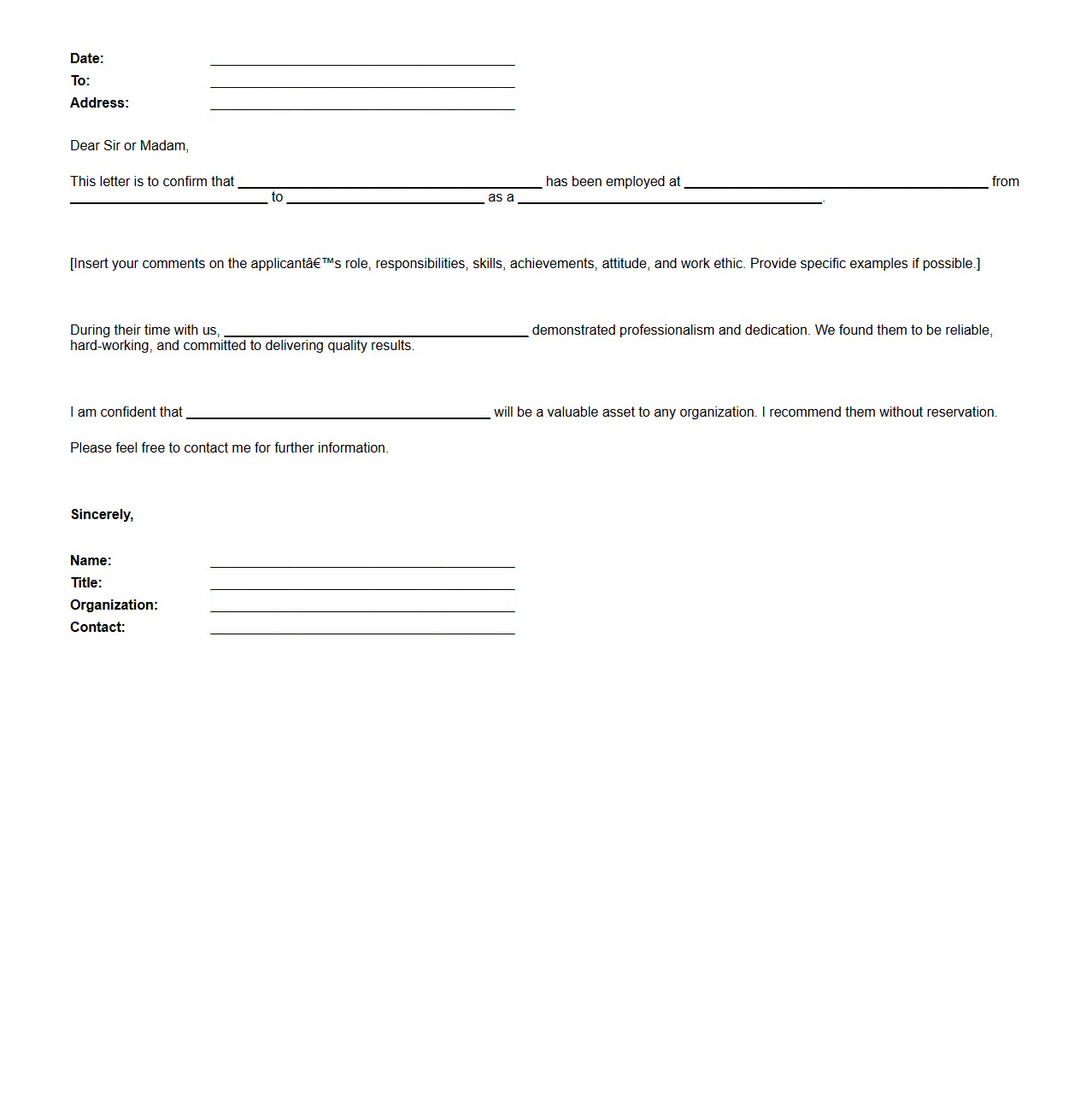 Blank Professional Reference Letter Format