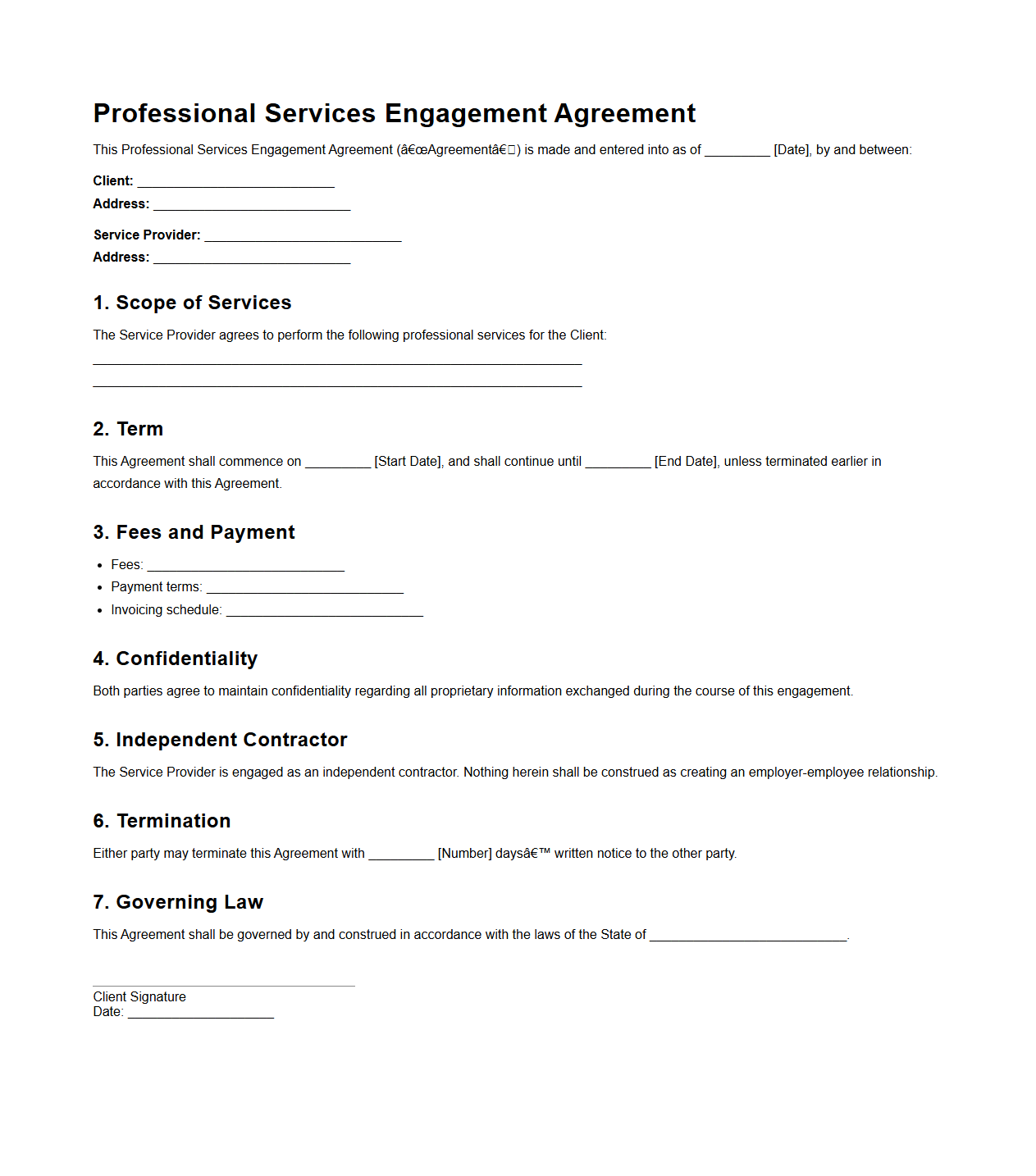 Blank Professional Services Engagement Agreement