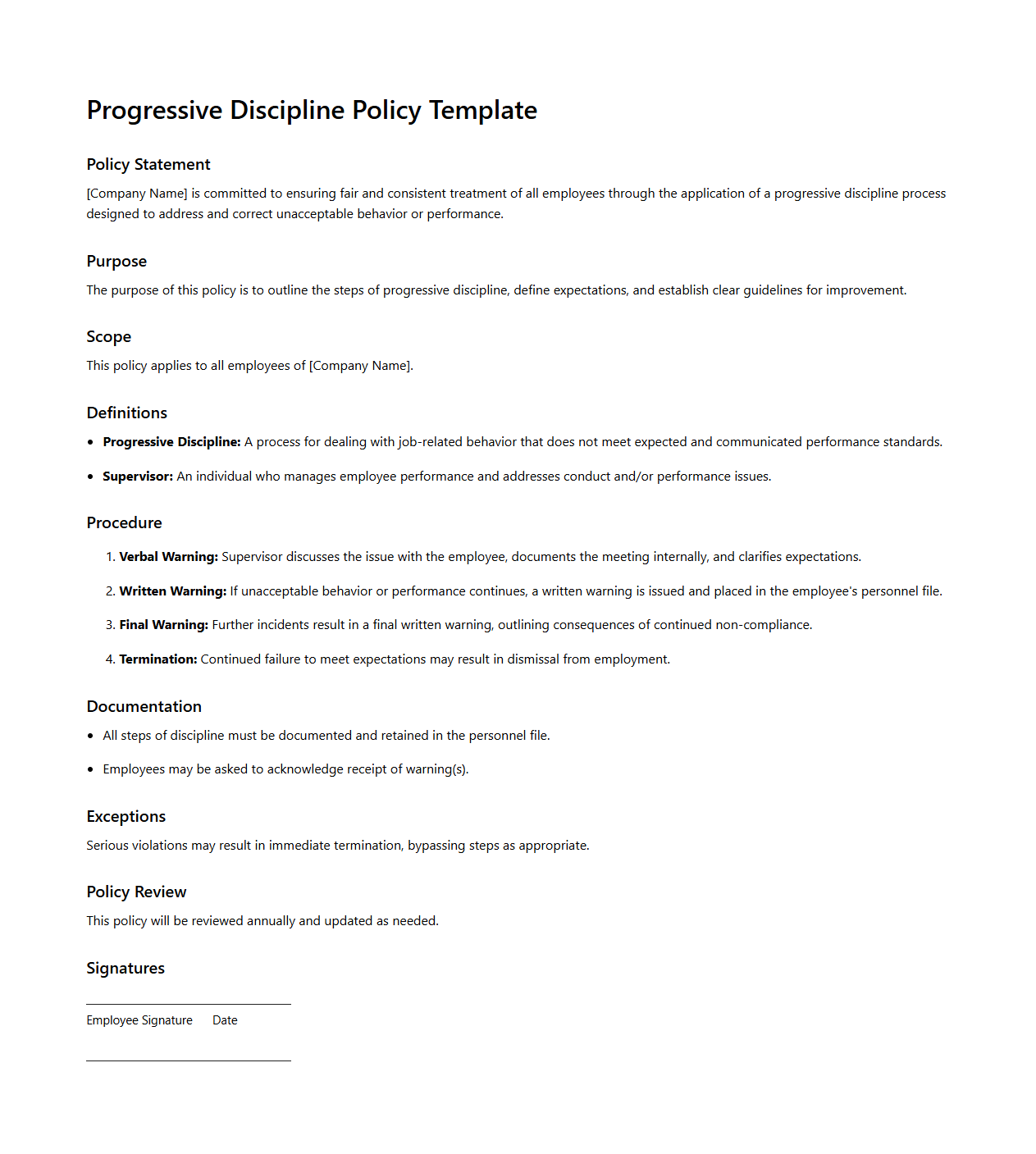 Blank Progressive Discipline Policy Template