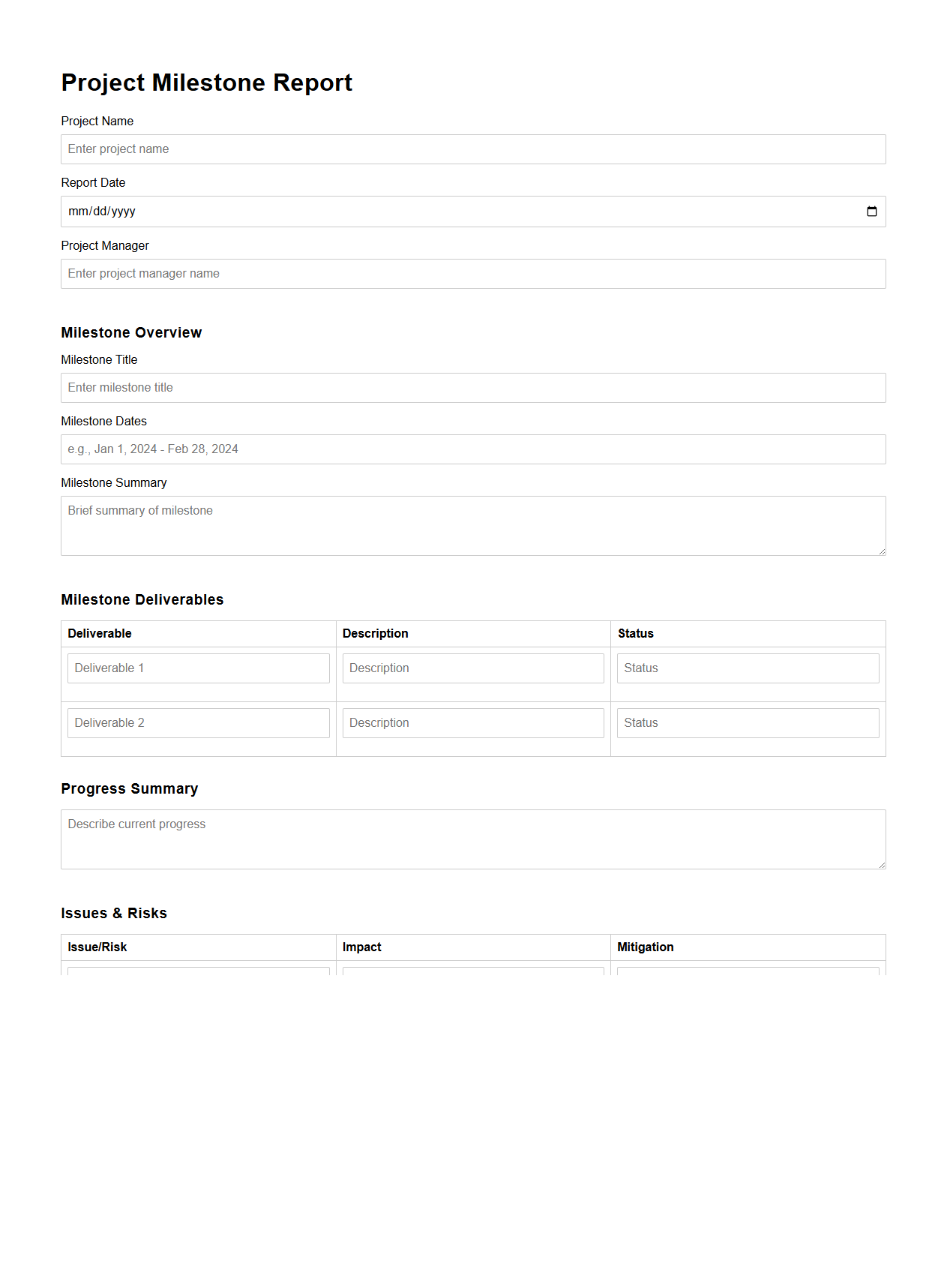 Blank Project Milestone Report Template