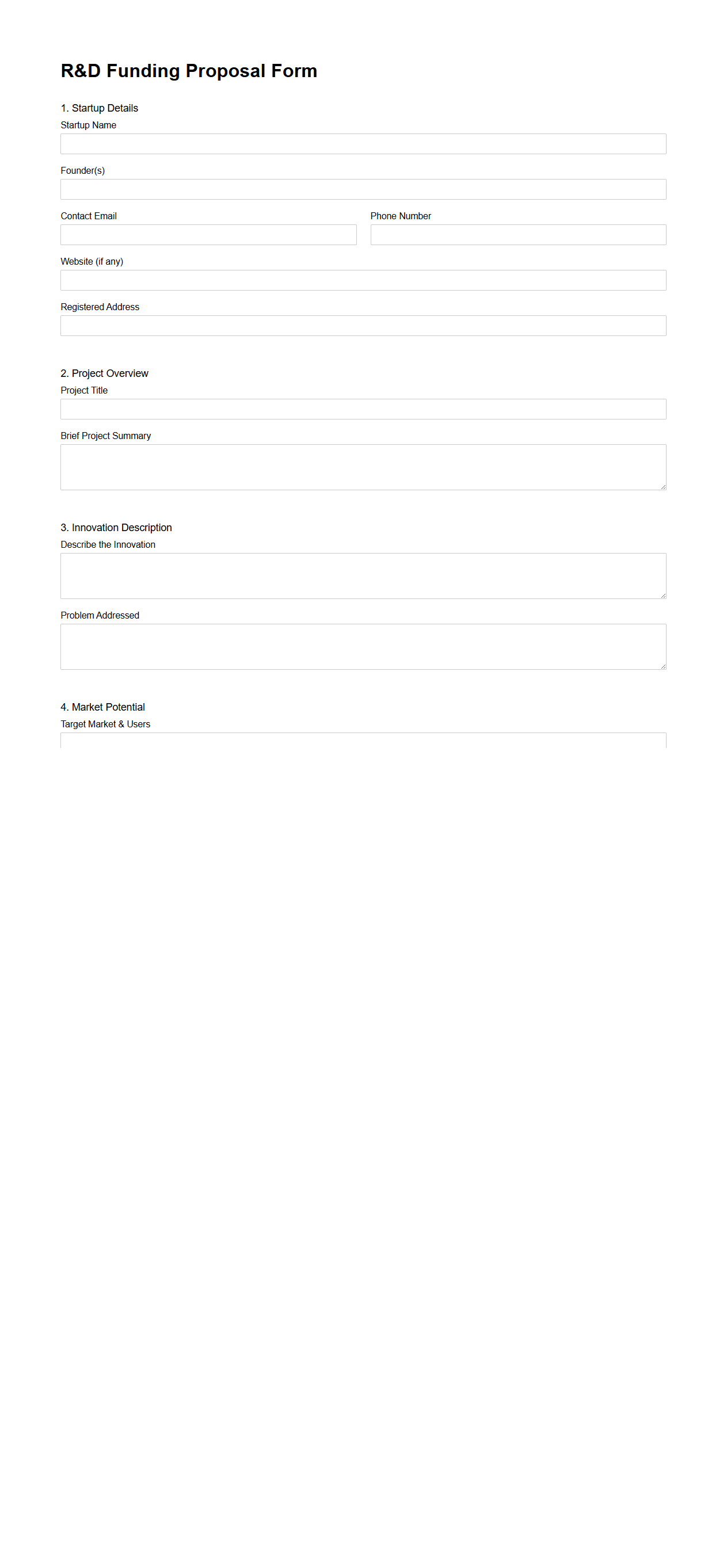 Blank R&D Funding Proposal Form for Innovative Startups