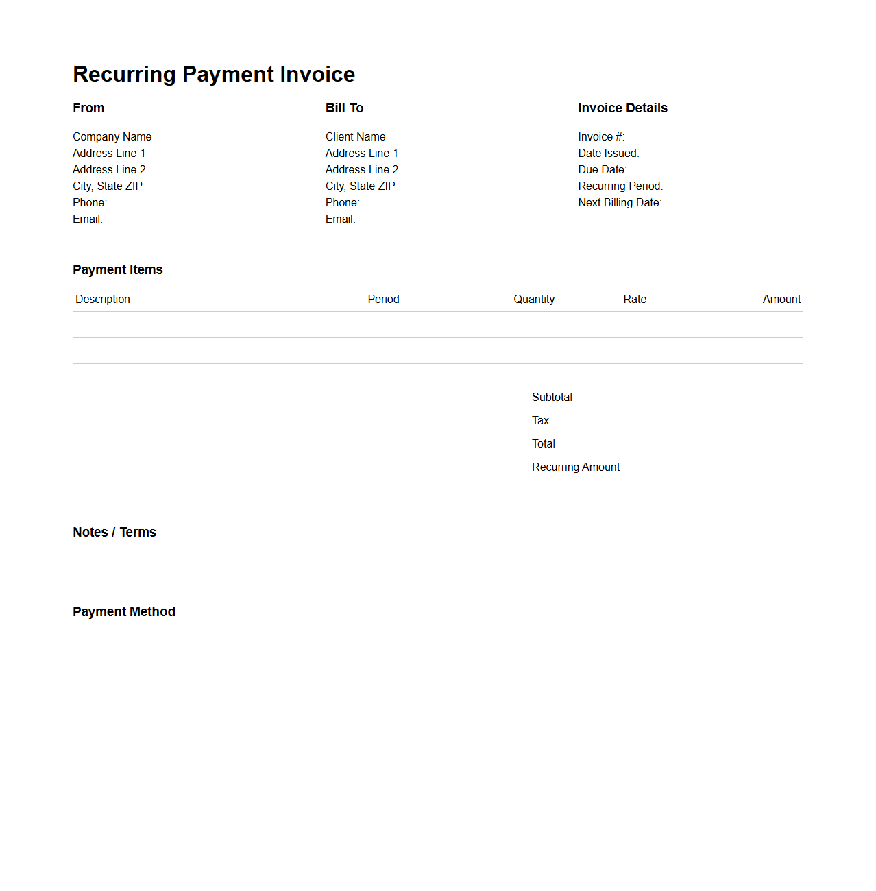 Blank Recurring Payment Invoice Template