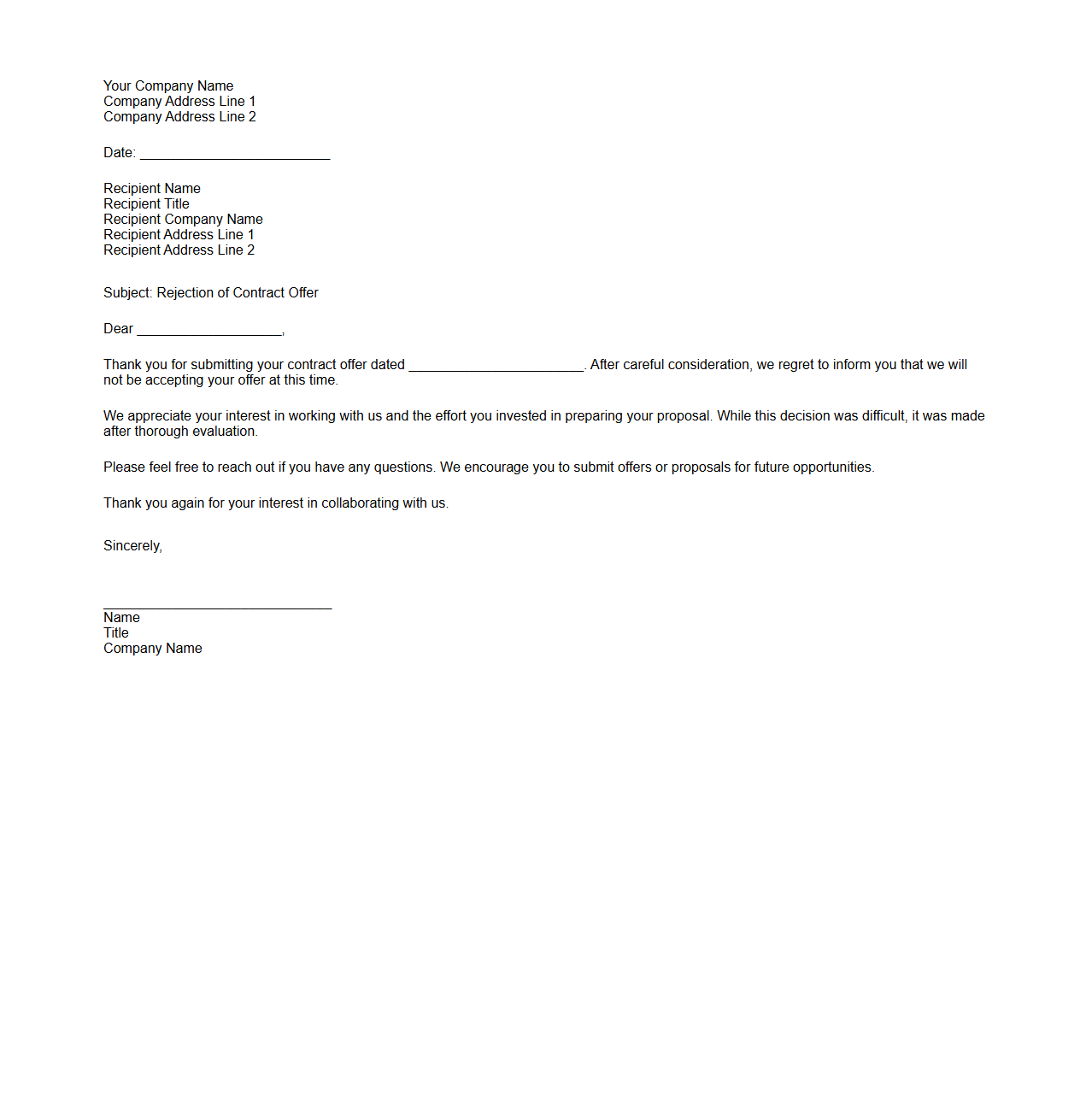 Blank Rejection Letter Template for Contract Offer Rejections