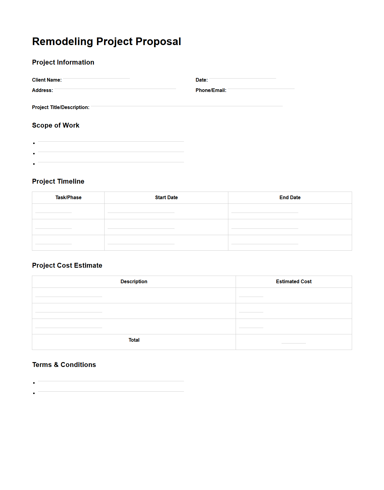 Blank Remodeling Project Proposal Template