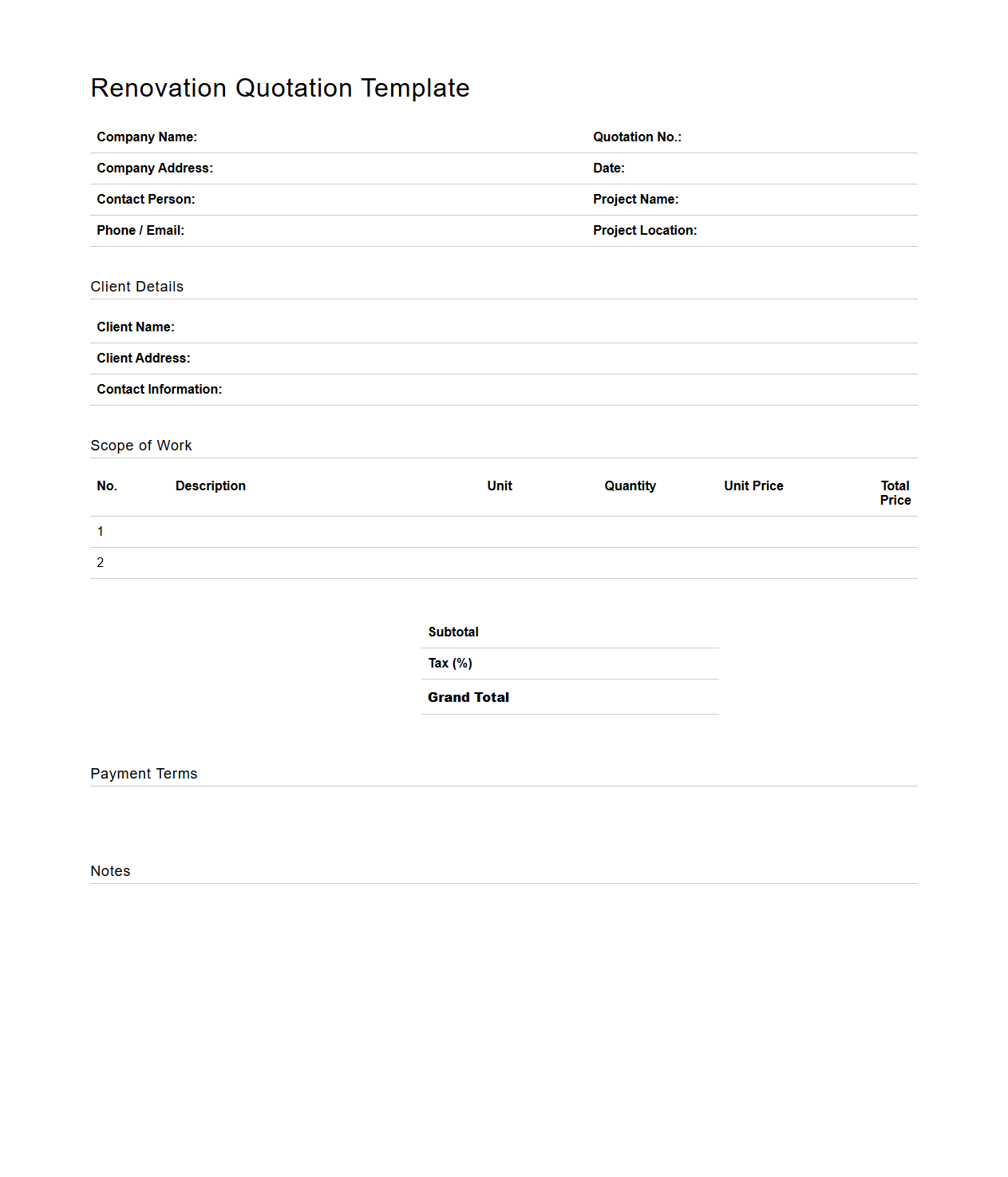Blank Renovation Quotation Template for Construction Projects