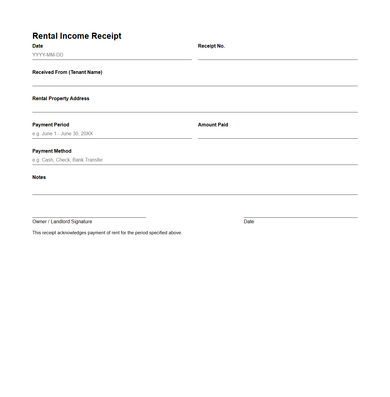 Blank Rental Income Receipt Template for Homeowners