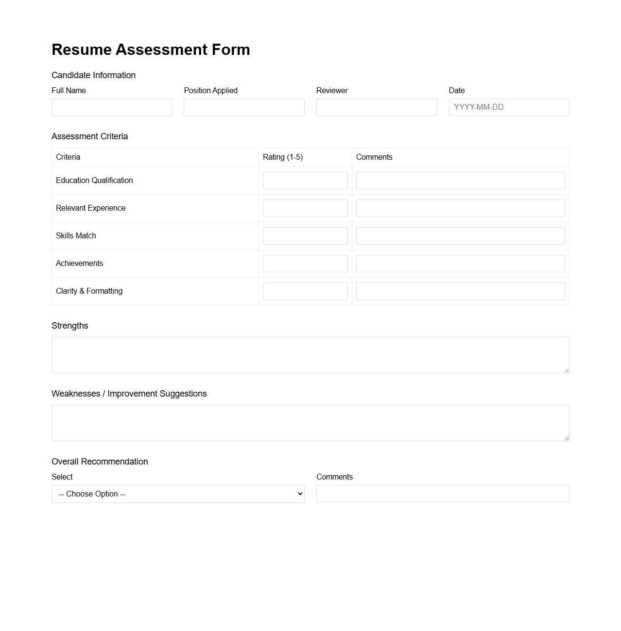 Blank Resume Assessment Form Template