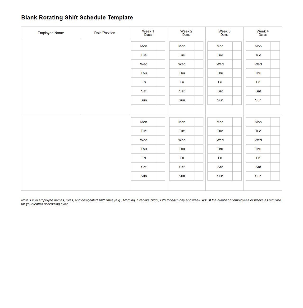 Blank Rotating Shift Schedule Template for Workforce Management
