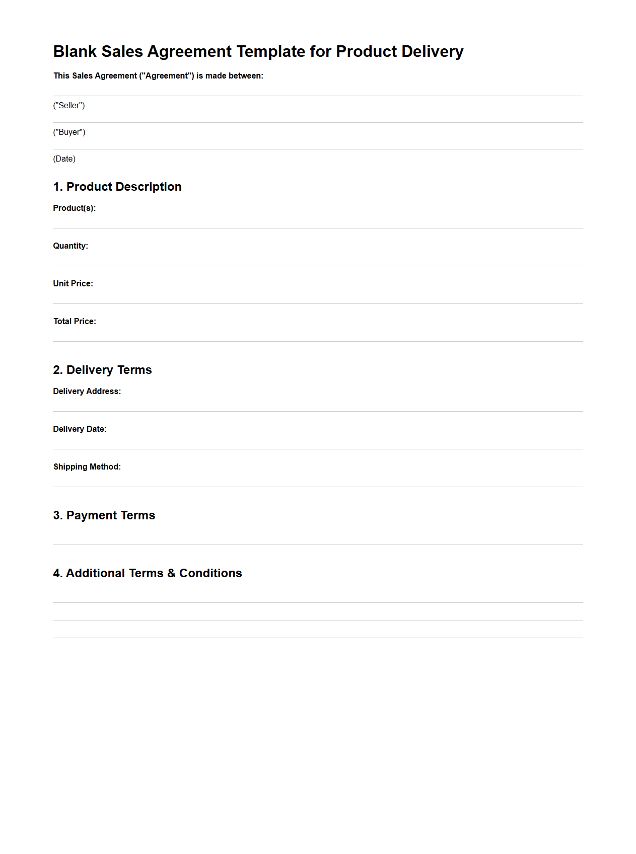 Blank Sales Agreement Template for Product Delivery