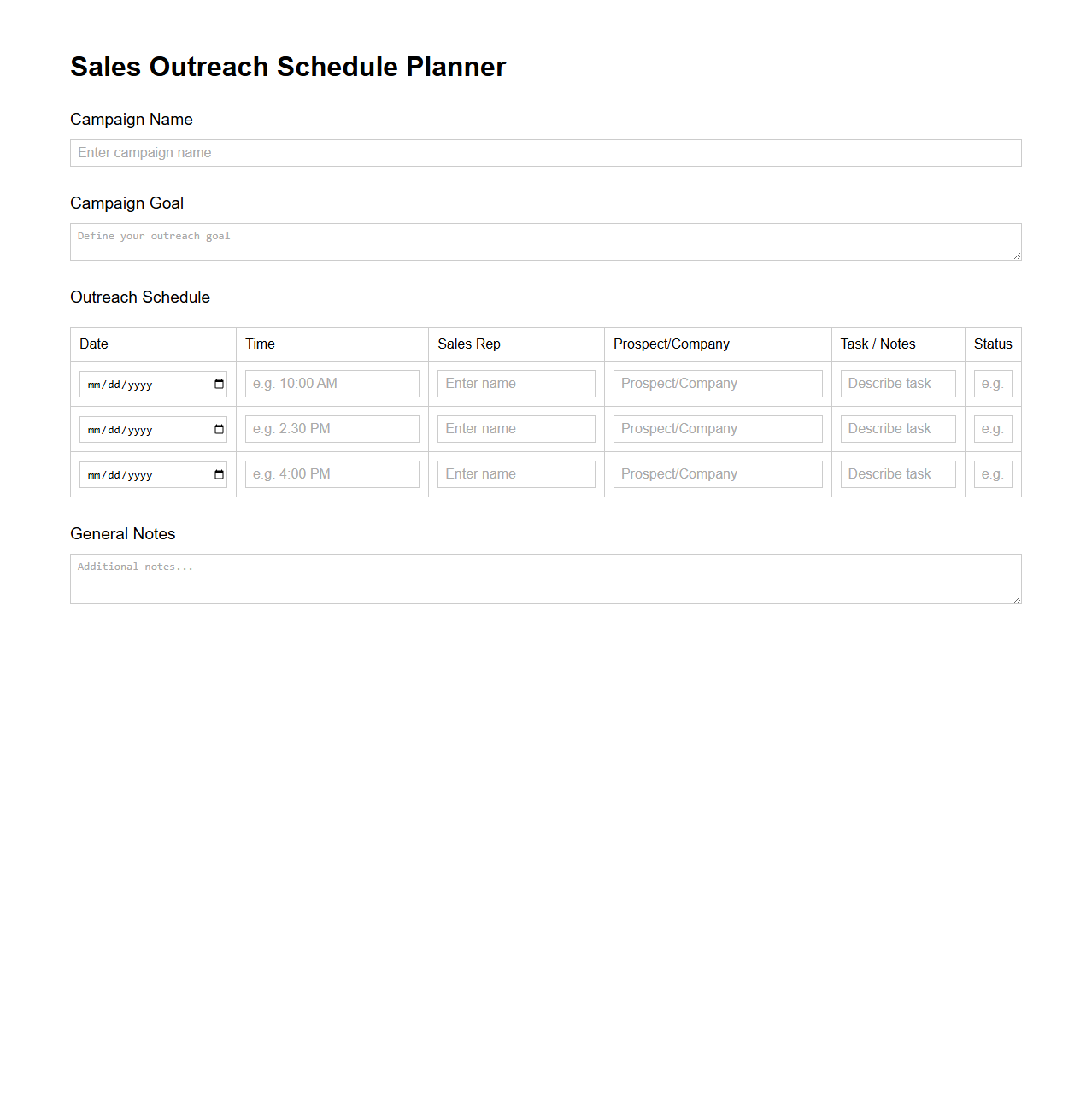 Blank Sales Outreach Schedule Planner