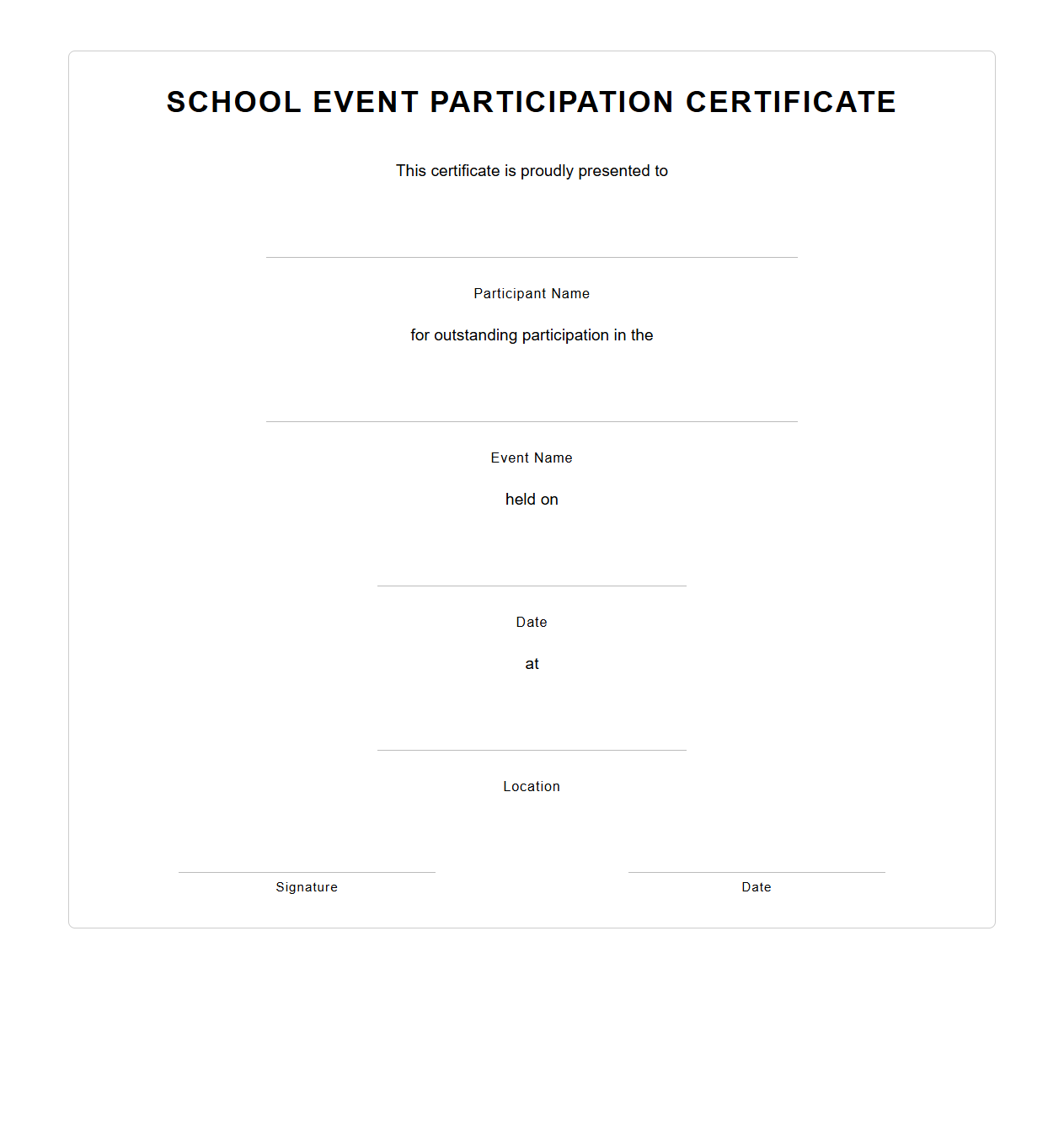 Blank School Event Participation Certificate Template