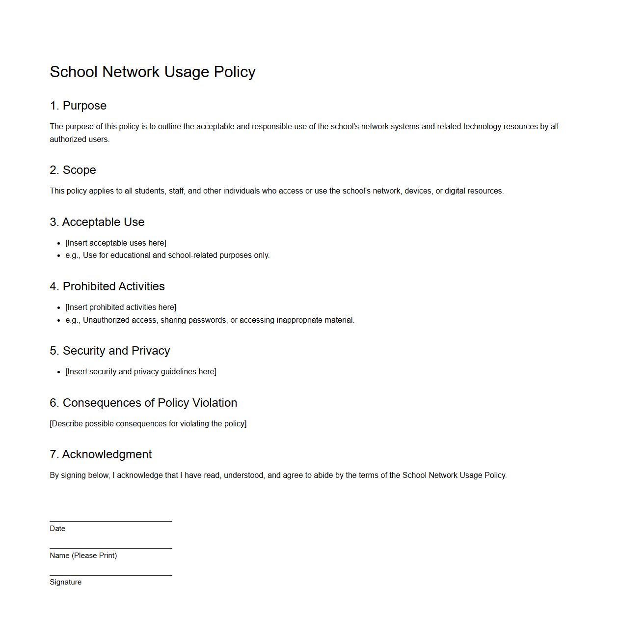 Blank School Network Usage Policy Format