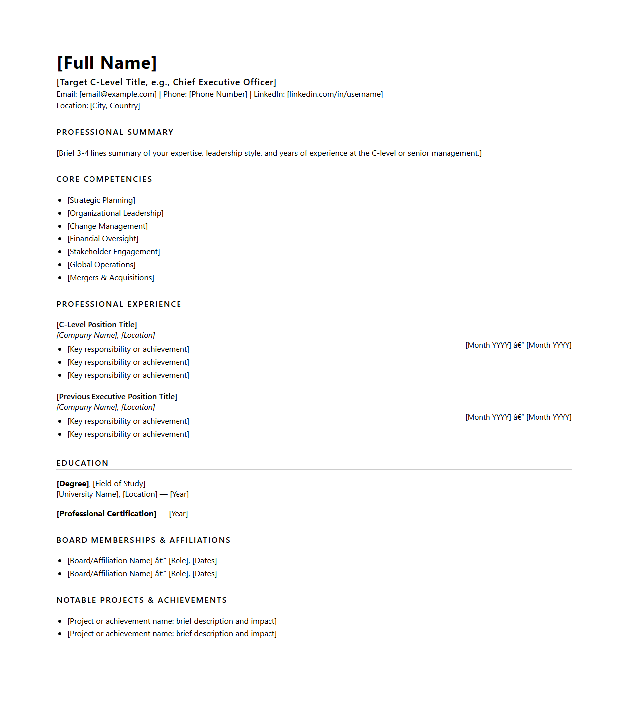 Blank Senior Management Resume Template for C-Level Positions