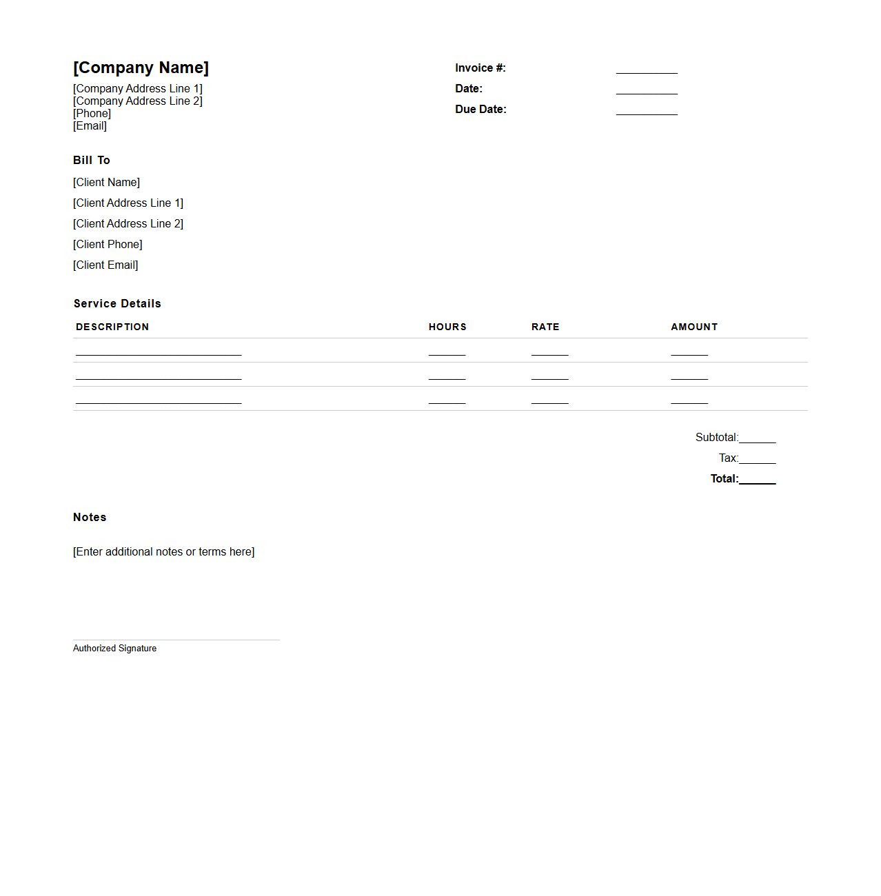 Blank Service Sales Invoice Template