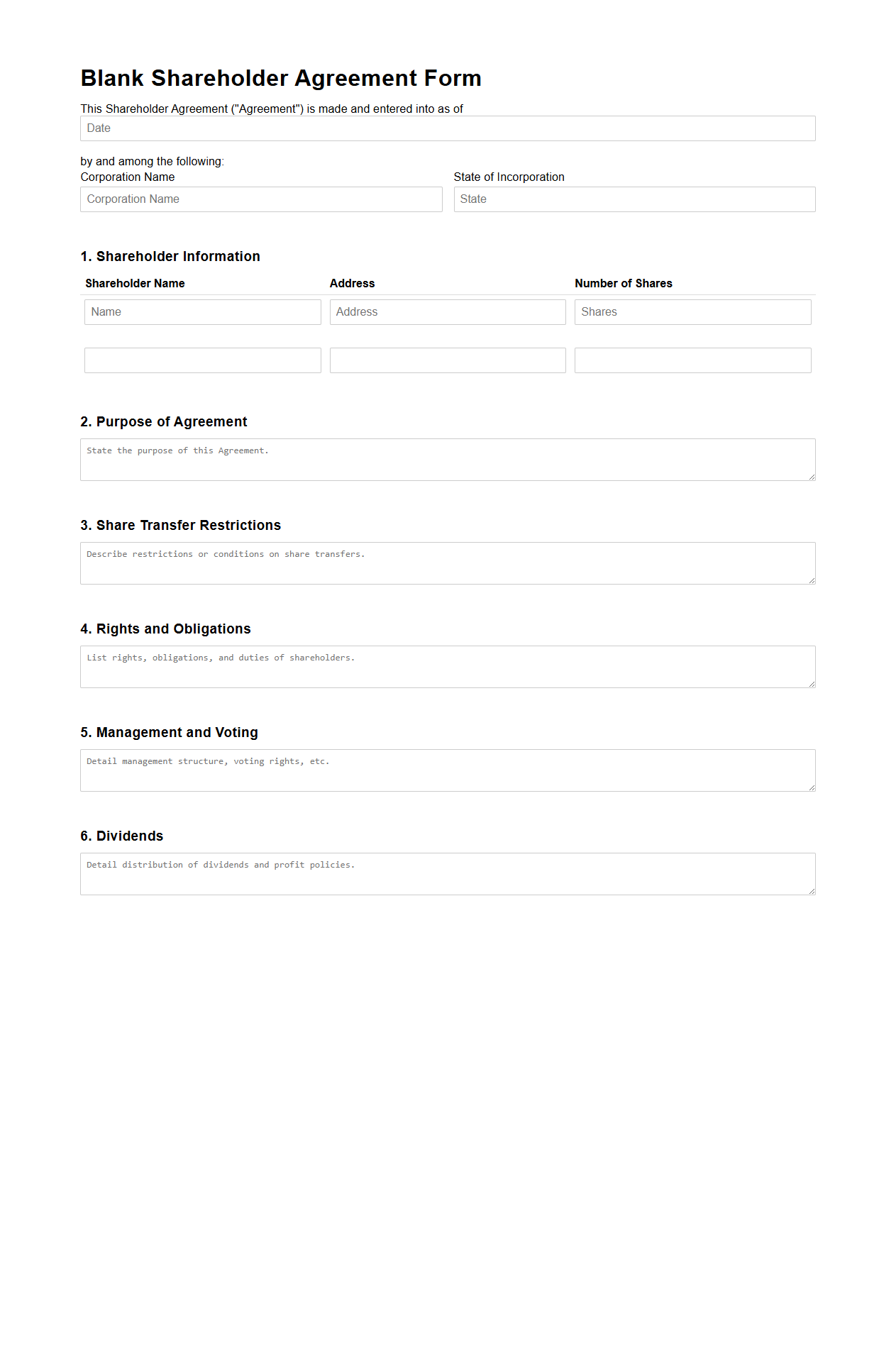 Blank Shareholder Agreement Form for Corporate Use