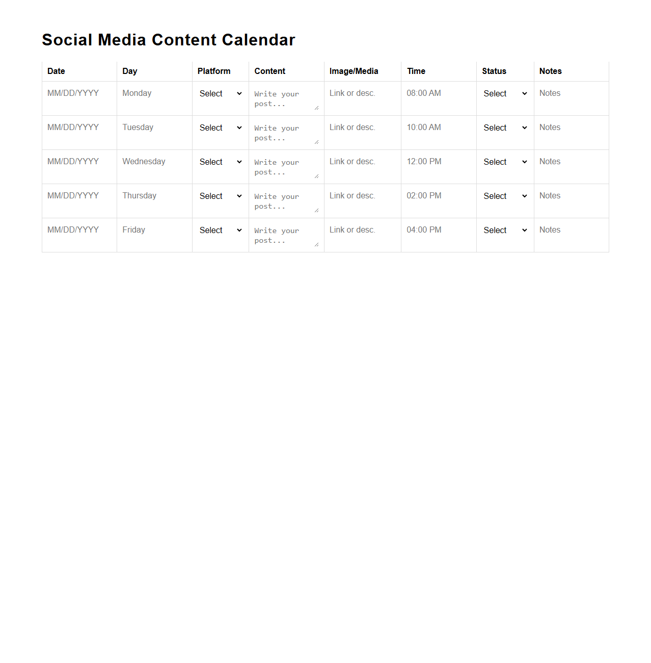 Blank Social Media Content Calendar Template