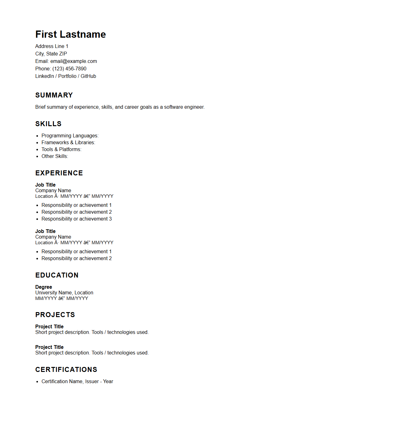 Blank Software Engineer Resume Template