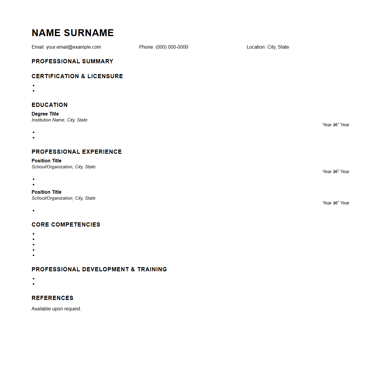 Blank Special Education Teacher Resume Template for Inclusive Teaching Roles