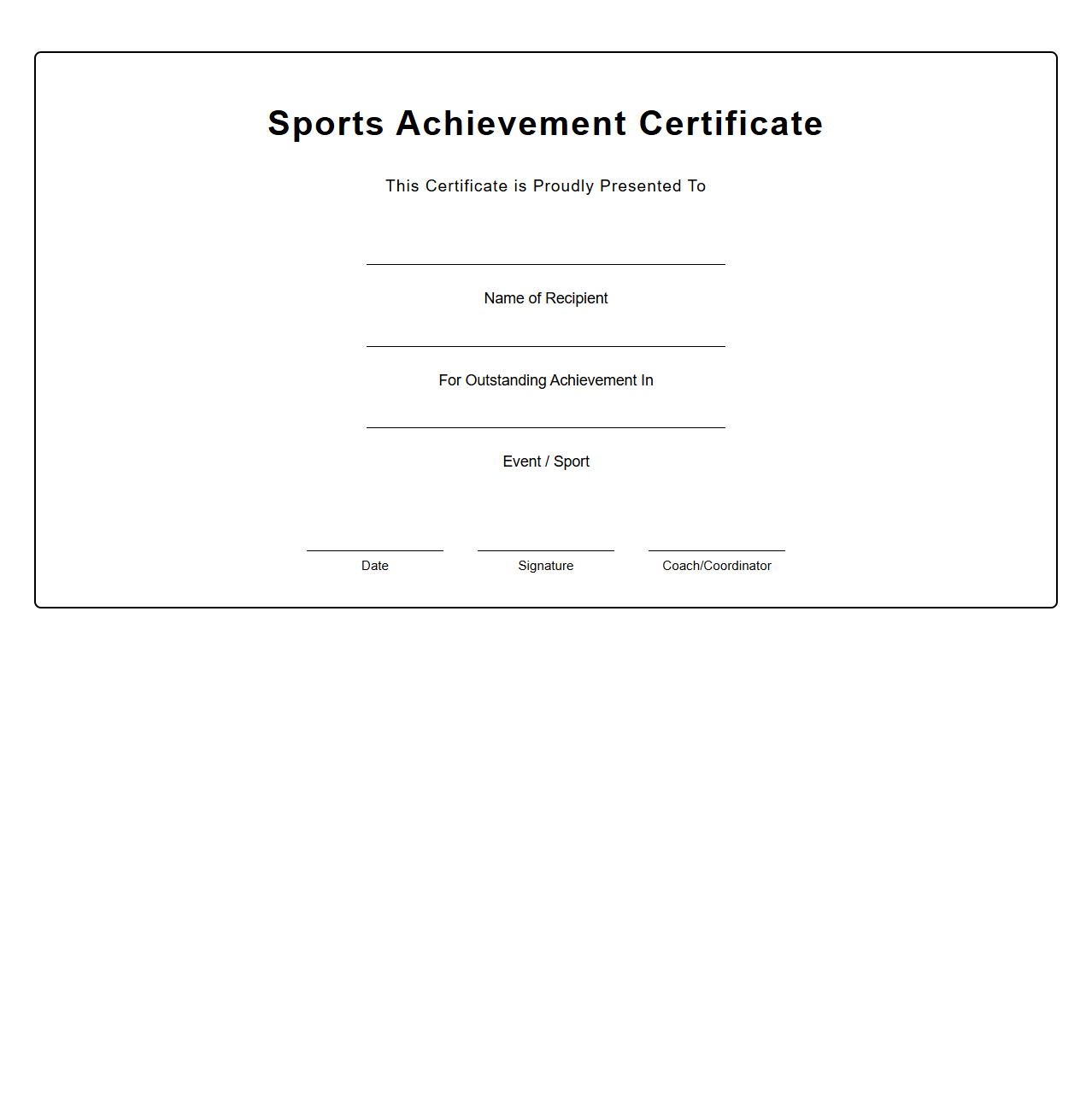 Blank Sports Achievement Certificate Template