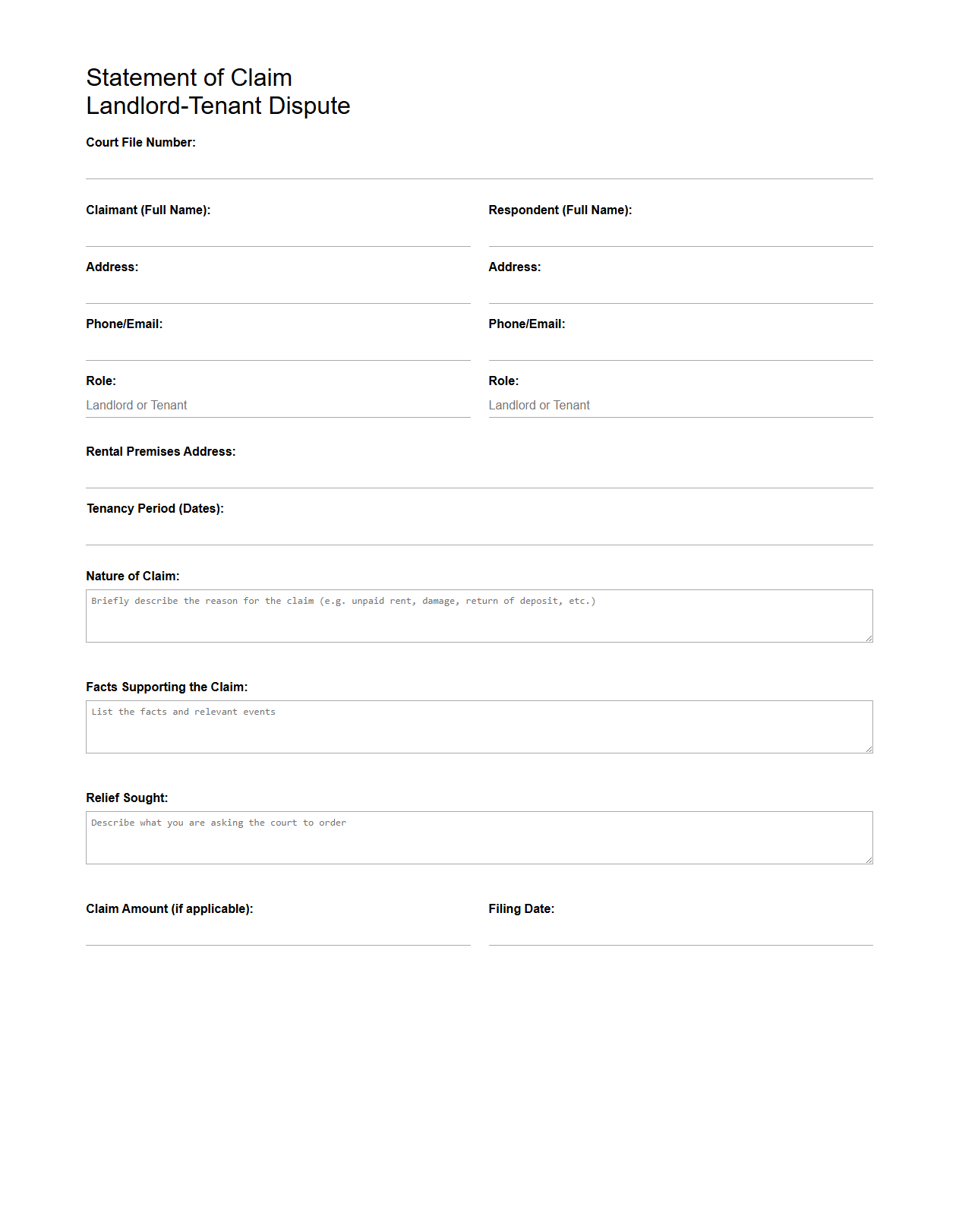 Blank Statement of Claim for Landlord-Tenant Dispute Template