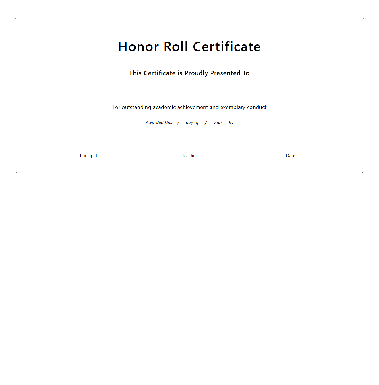 Blank Student Honor Roll Certificate Template