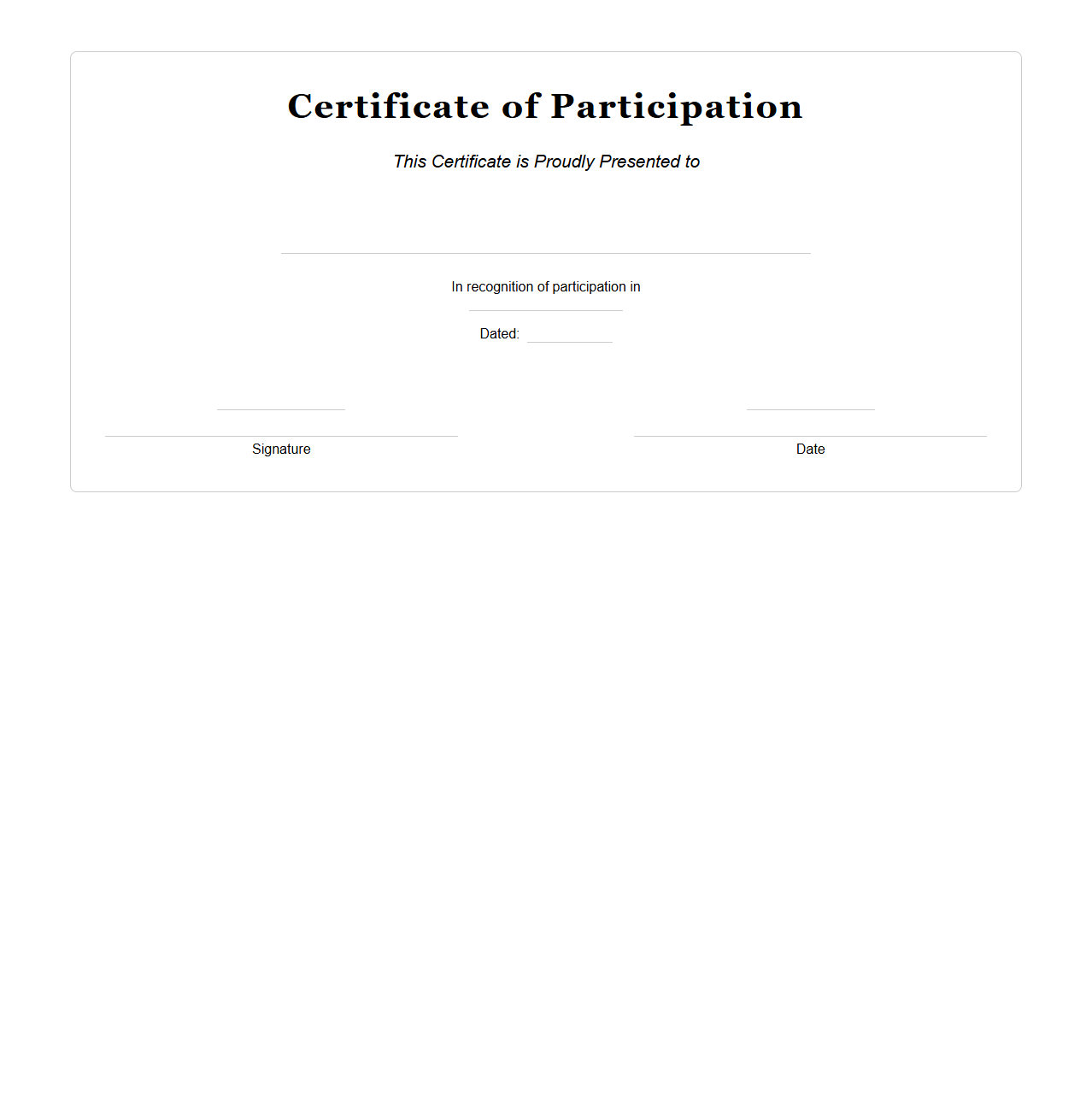 Blank Student Participation Certificate Template