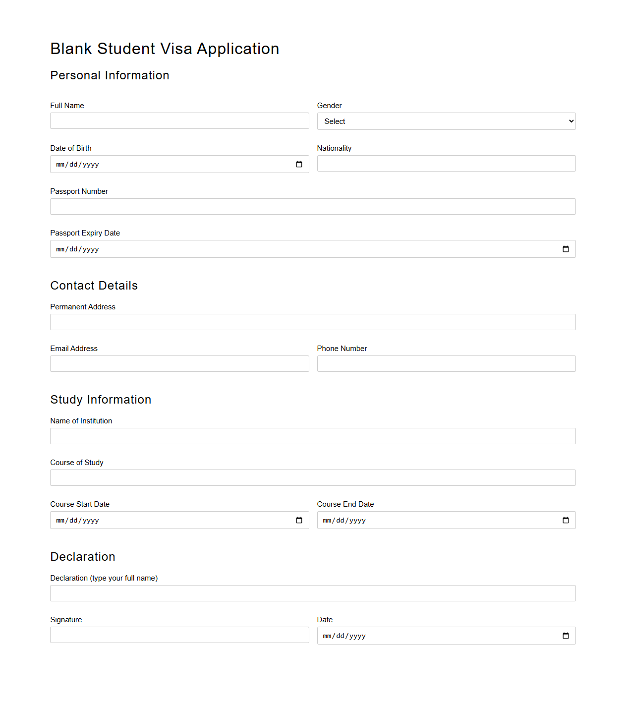 Blank Student Visa Application Document