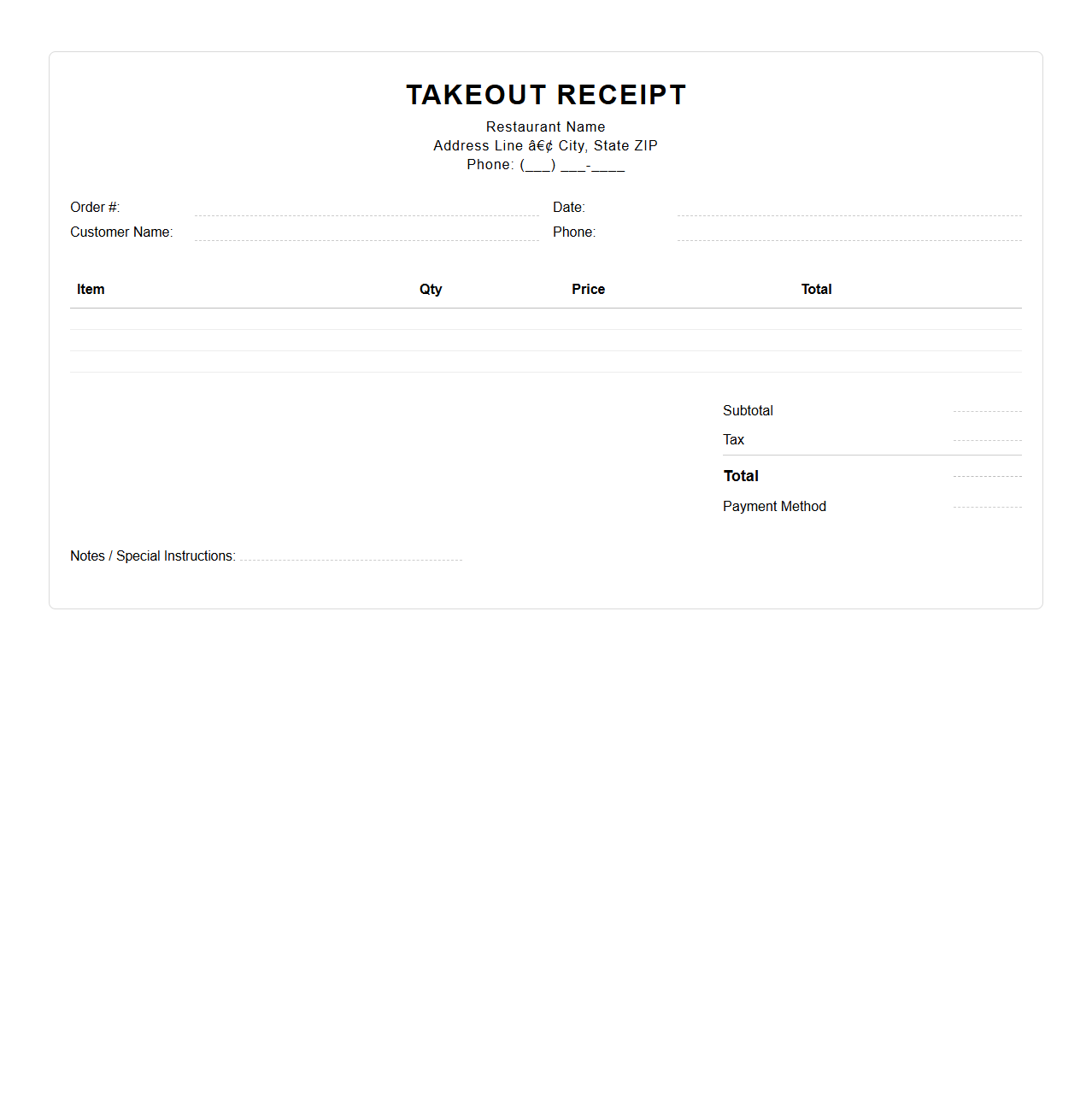 Blank Takeout Receipt Template for Restaurants