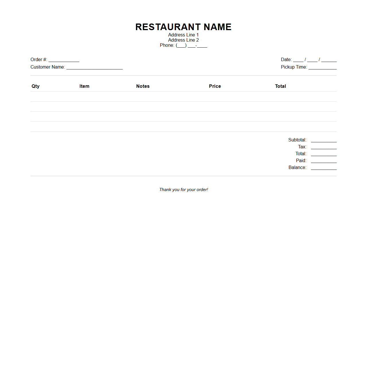 Blank Takeout Restaurant Receipt Template