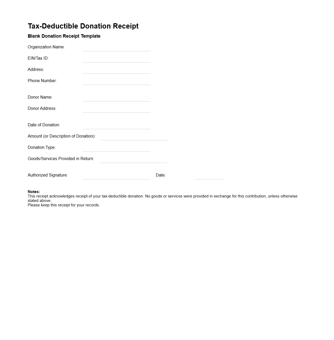 Blank Tax-Deductible Donation Receipt Template