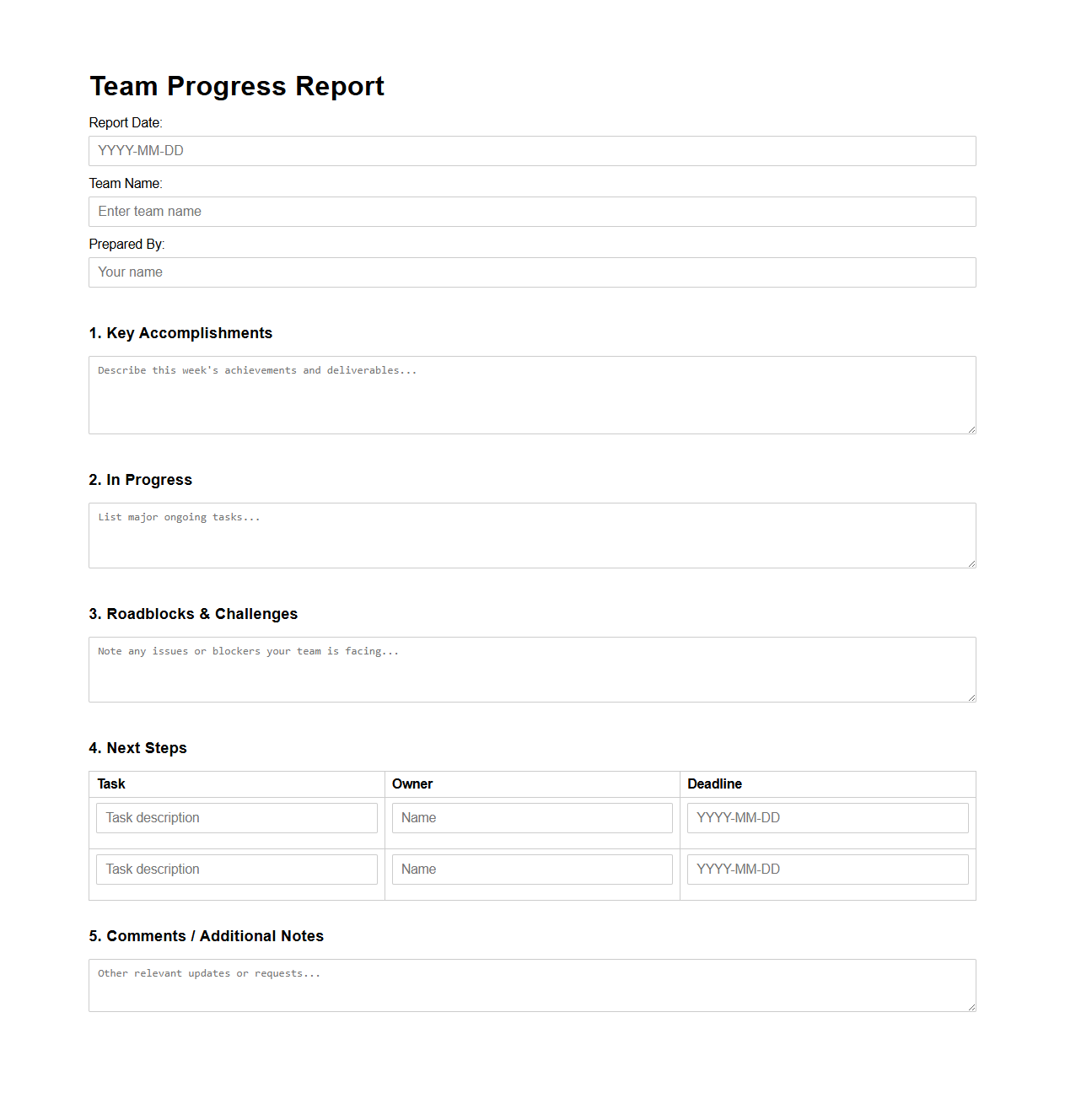 Blank Team Progress Report Template