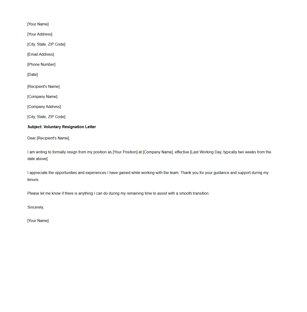 Blank Template for Voluntary Resignation Letter