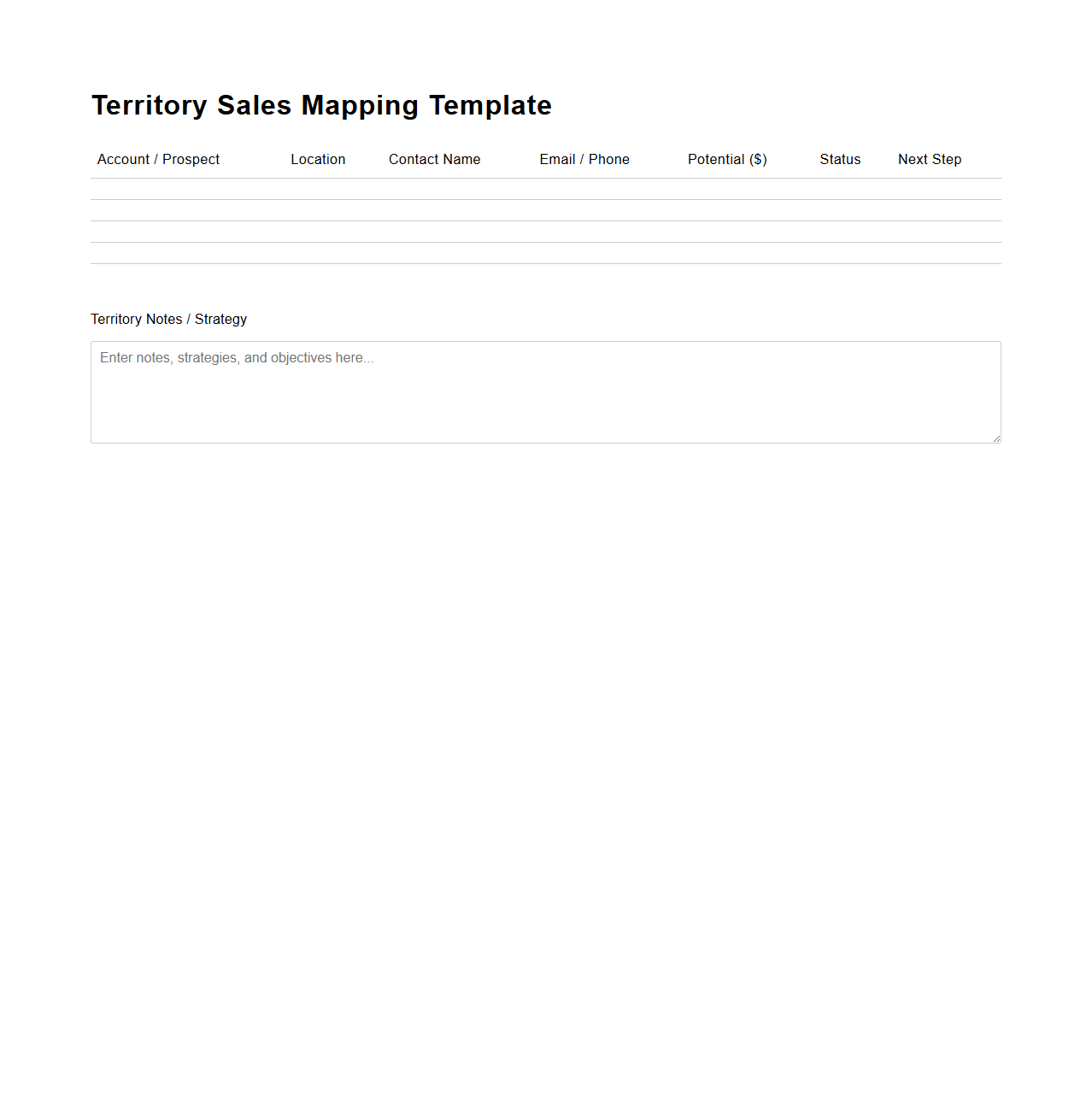 Blank Territory Sales Mapping Template for Reps