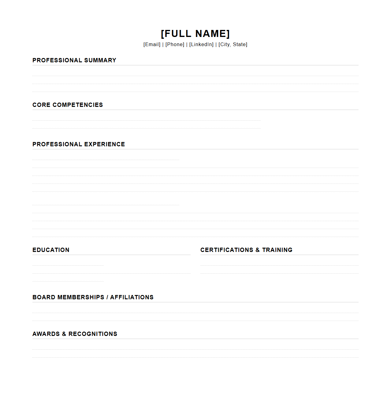 Blank Top Management Resume Sheet