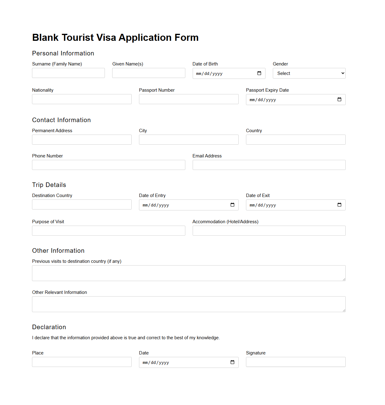 Blank Tourist Visa Application Form for Overseas Trips