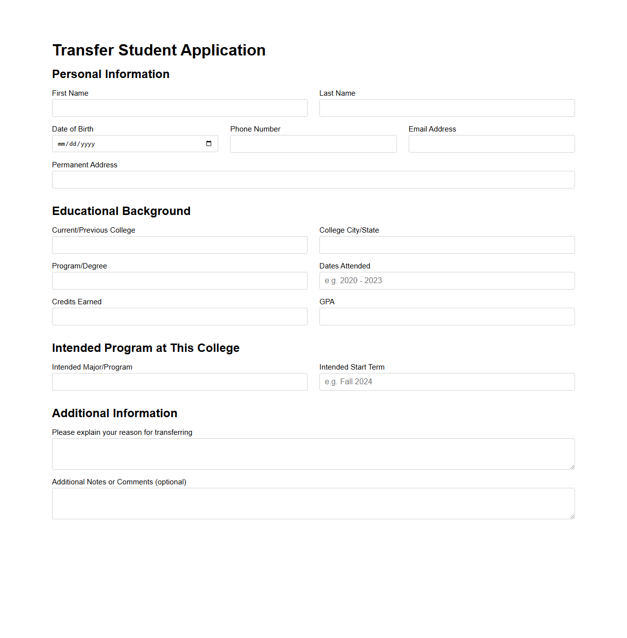 Blank Transfer Student Application Template for College Programs