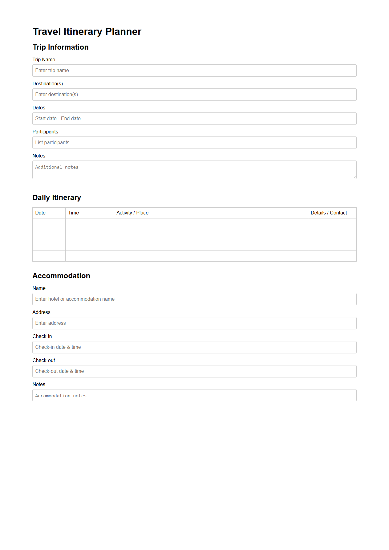 Blank Travel Itinerary Planner Template