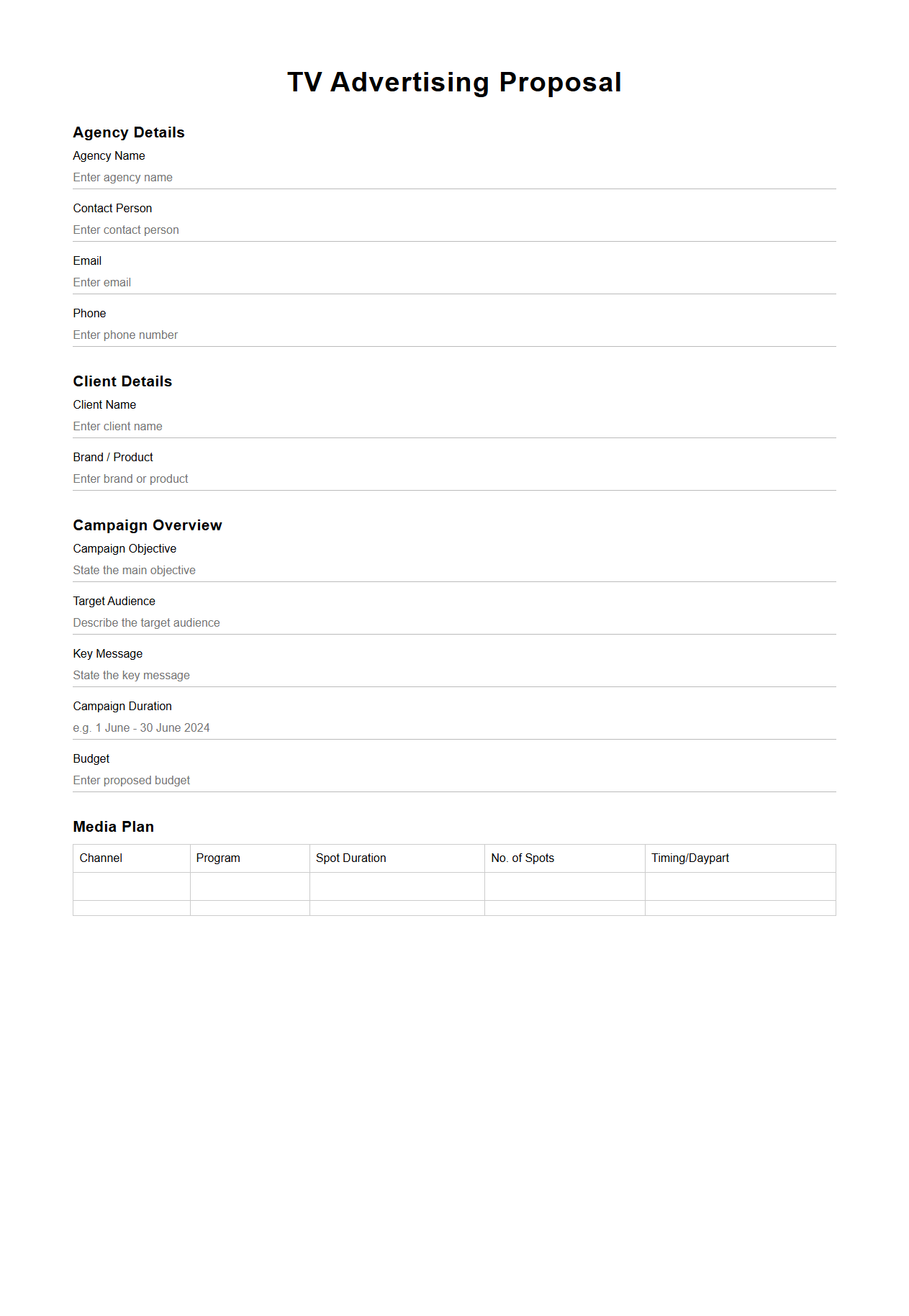 Blank TV Advertising Proposal Template for Agencies